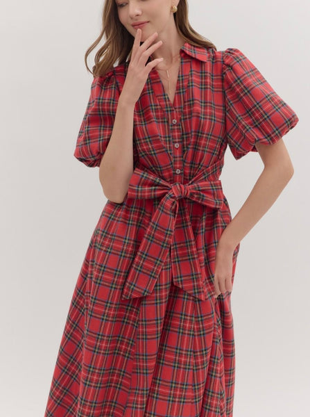 Maeve Plaid Midi Dress - Red