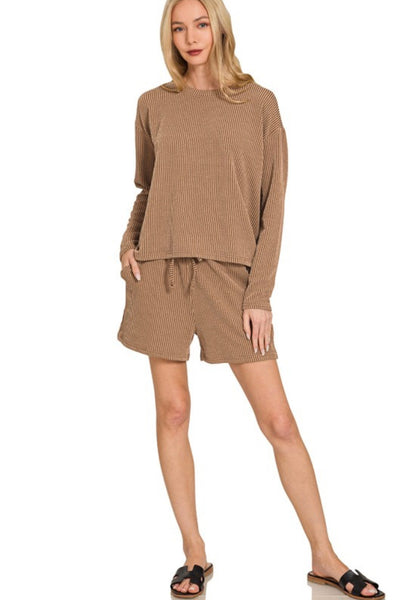 Leilani Ribbed L/S Top & Shorts Set - Brown