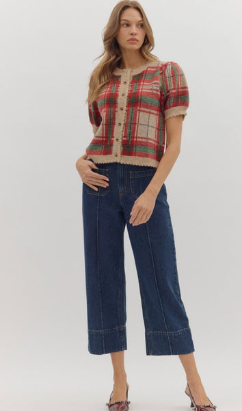 Clara Plaid Sweater Top - Taupe