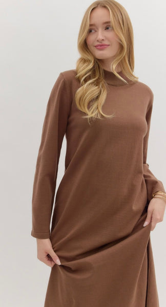 Maria Midi Mock Neck Dress - Coffee