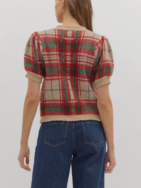 Clara Plaid Sweater Top - Taupe