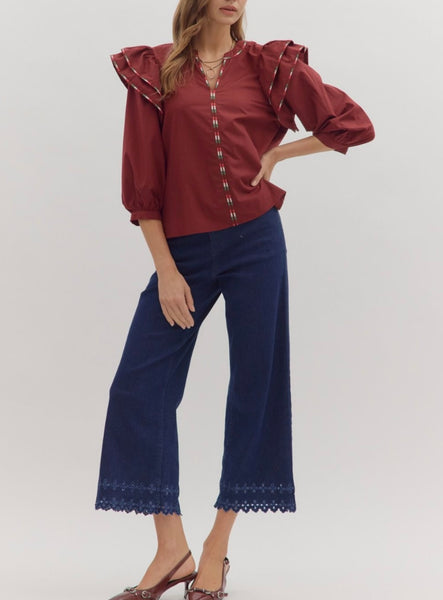 Emery Puff Sleeve Top - Burgundy