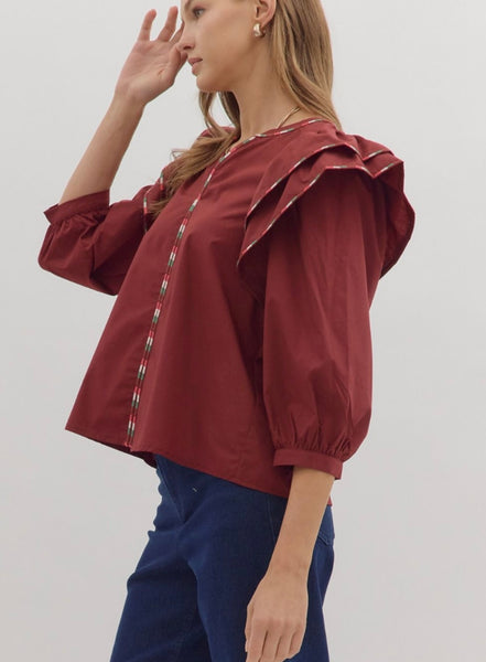 Emery Puff Sleeve Top - Burgundy
