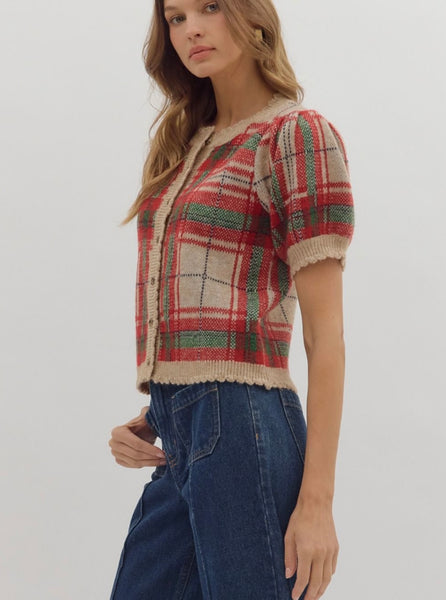 Clara Plaid Sweater Top - Taupe