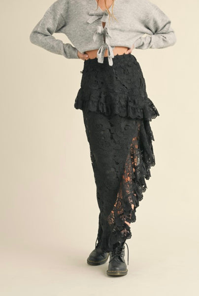 Mable - Floral Crochet Lace Maxi Skirt - Black