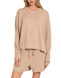 Leilani Ribbed L/S Top & Shorts Set - Light Mocha