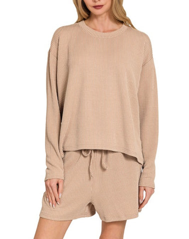 Leilani Ribbed L/S Top & Shorts Set - Light Mocha