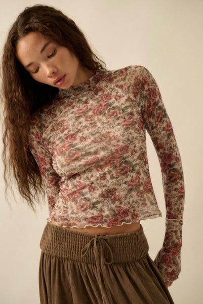 Kennedy Floral Mesh L/S Top - Cream