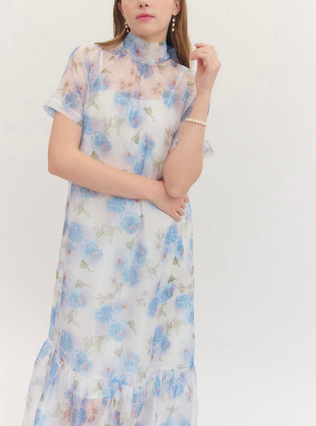 Alana Sheer Floral Midi Dress - Blue