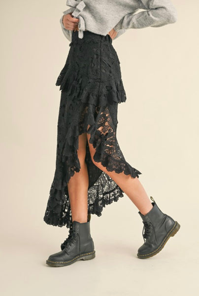 Mable - Floral Crochet Lace Maxi Skirt - Black