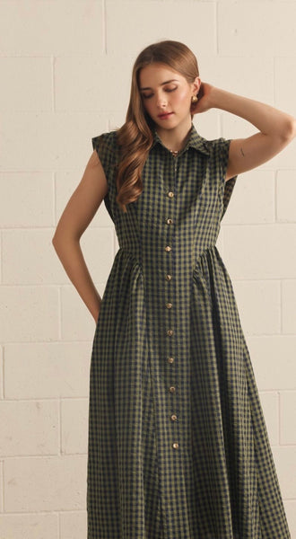 Kyle Gingham Midi Dress - Olive