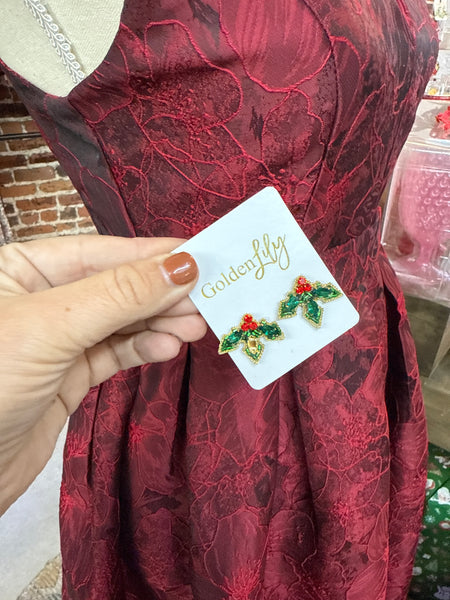 [Defect Style] Golden Lily - Christmas Holly Stud Earrings