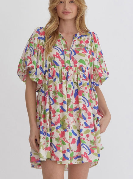 Sophia Puff Sleeve Printed Dress - Pink Royal