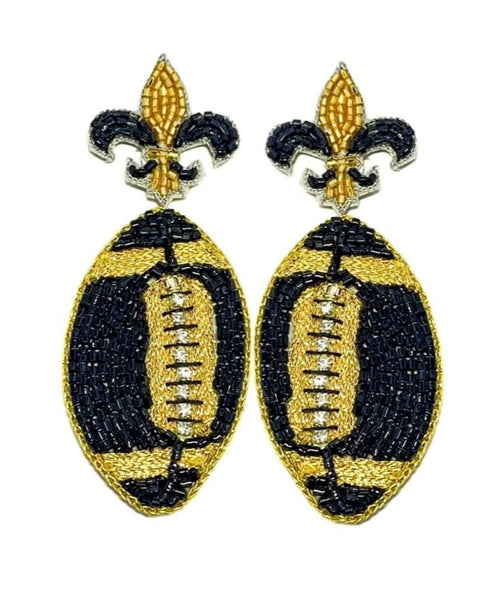 Dangle Fleur De Lis Football Earrings - Black & Gold