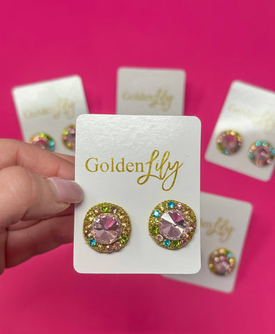 Golden Lily - Statement Stud Earrings - Pink with Rhinestones