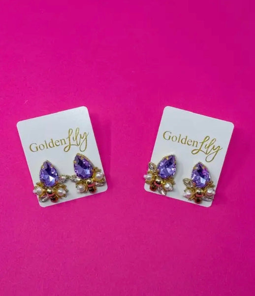 Golden Lily - Oval Rhinestone & Pearl Earrings - Purple