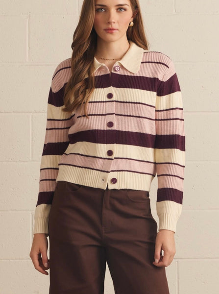 Chandler Stripe Sweater Cardi - Plum