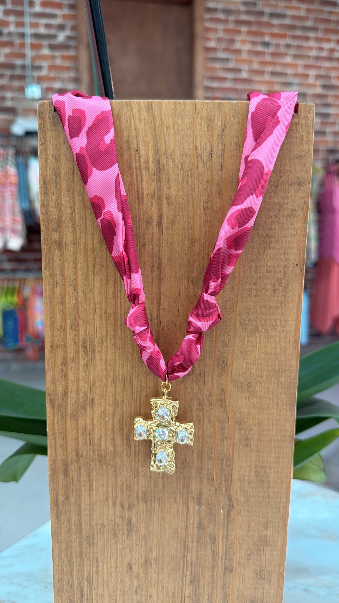 Golden Lily - Scarf Charm Necklaces - Pink Leopard Print w/ Rhinestone Cross Charm