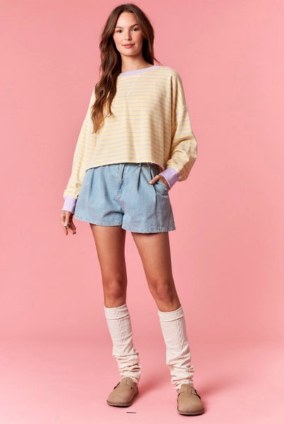 Striped French Terry Cropped Top - Light Yellow & Lavender