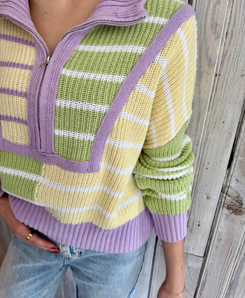 Mardi Gras Soft Pastel Stripe Knit 1/4 Zip