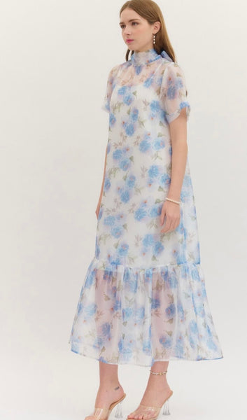 Alana Sheer Floral Midi Dress - Blue