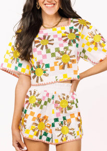 Queen of Sparkles - White Multi Checkered Sun Shorts