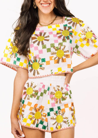 Queen of Sparkles - White Multi Checkered Sun Shorts
