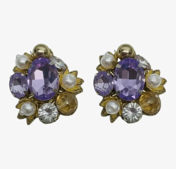 Golden Lily - Rhinestone & Pearl Burst Earrings - Lavender