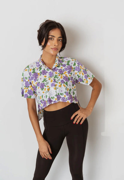 Mardi Gras Floral Print Button Up Crop Top