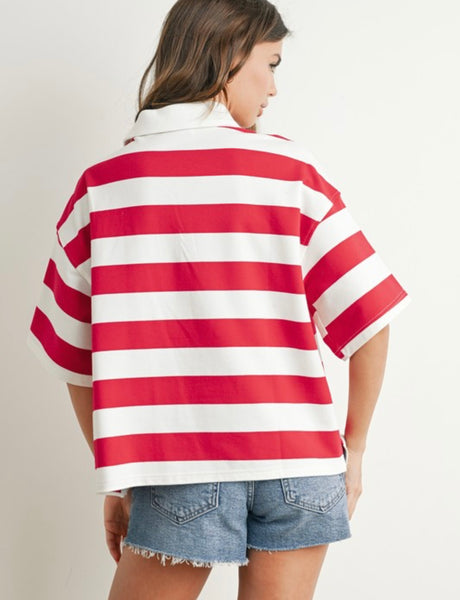Camila Stripe Oversized Polo Top - Red
