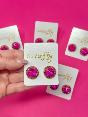 Golden Lily - Statement Stud Earrings - Solid Dark Pink