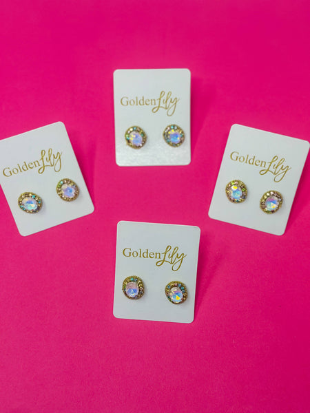 Golden Lily - Statement Stud Earrings - Iridescent Opal with Multi Stones