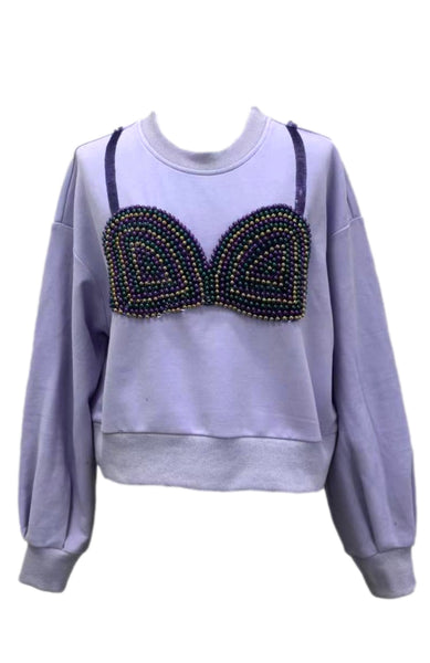 Queen of Sparkles - Mardi Gras Beaded Bikini Lavender Sweatshirt
