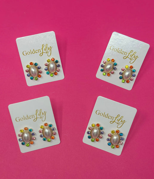 Golden Lily - Statement Stud Earrings - Pearl with Multi Stones