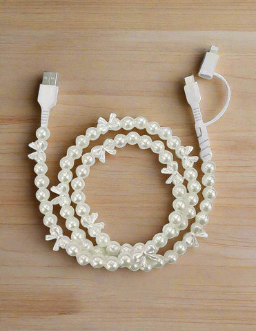 Pearl Bow Cord Phone Charger - White