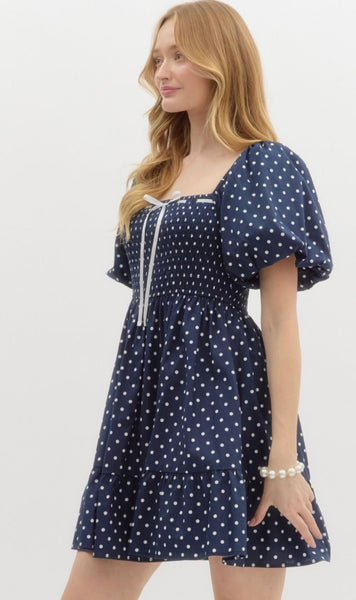 Fairway St Polka Dot Mini Dress - Navy