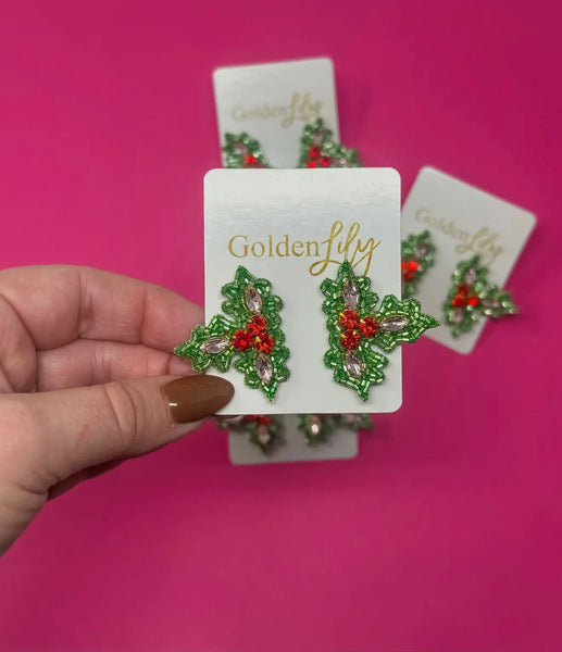 Golden Lily - Christmas Holly Sparkle Stud Earrings