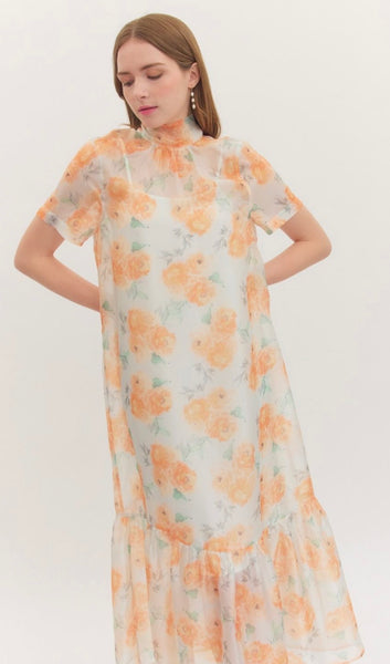 Alana Sheer Floral Midi Dress - Gold