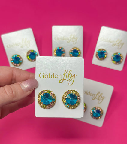 Golden Lily - Statement Stud Earrings - Turquoise with Multi Stone