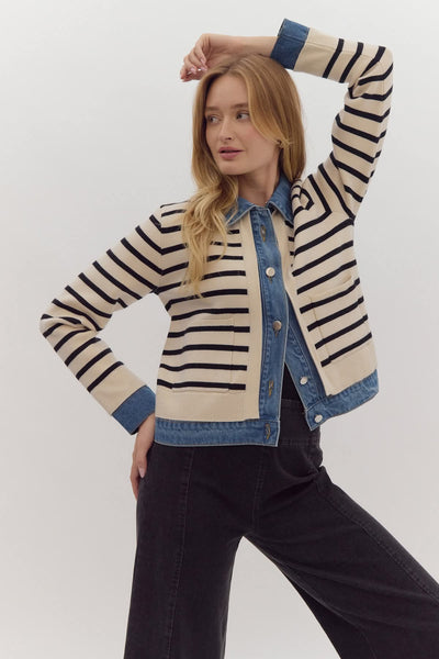 New Aurora Knit Contrasted Denim Jacket - Black & Cream