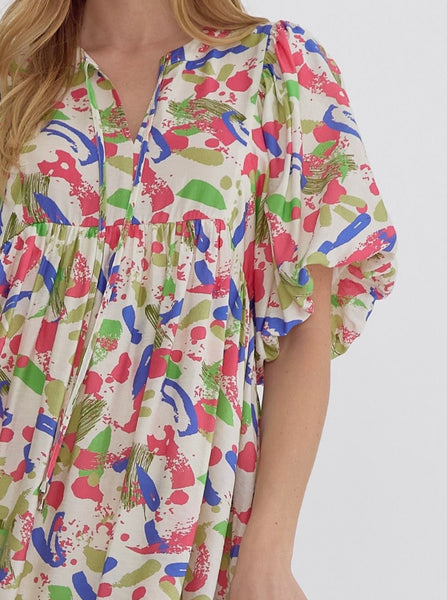 Sophia Puff Sleeve Printed Dress - Pink Royal