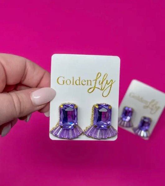 Golden Lily - Statement Gem Stud Earrings - Lavender