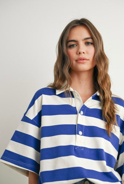 Camila Stripe Oversized Polo Top - Blue