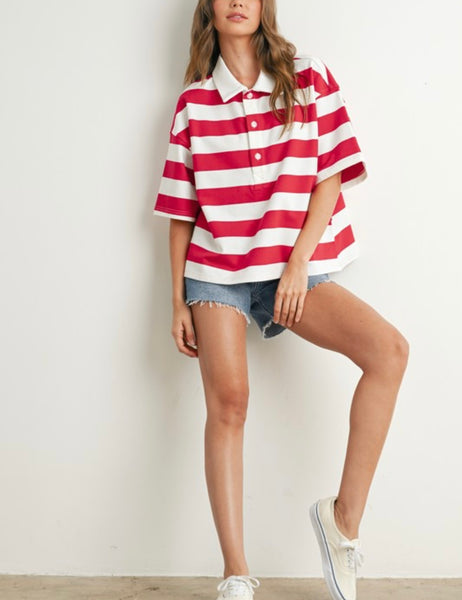 Camila Stripe Oversized Polo Top - Red