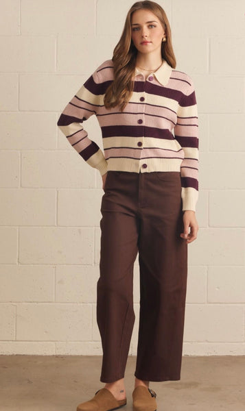Chandler Stripe Sweater Cardi - Plum