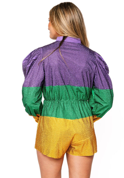 Queen of Sparkles - Mardi Gras Colorblock Full Rhinestone L/S Romper