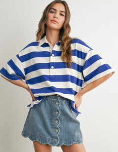 Camila Stripe Oversized Polo Top - Blue