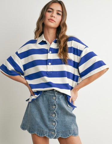 Camila Stripe Oversized Polo Top - Blue