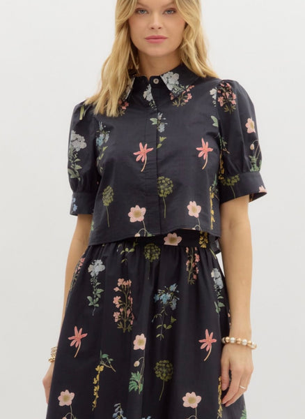 Emily Floral Midi Skirt & Top Set - Black