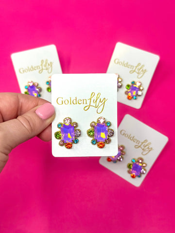 Golden Lily - Statement Stud Earrings - Iridescent Purple w/ Multi Stones